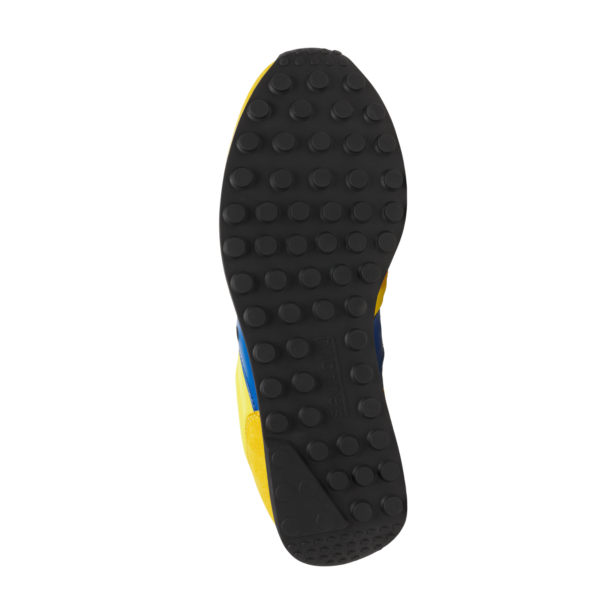 bottom of a Yellow and blue saucony trainer 80 women's sneaker on a white background