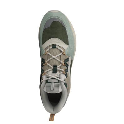 Karhu fusion 2.0 sneakers in a muted sage green, beige, and dark gray colorway, shown from a three-quarters angle against a plain white background.