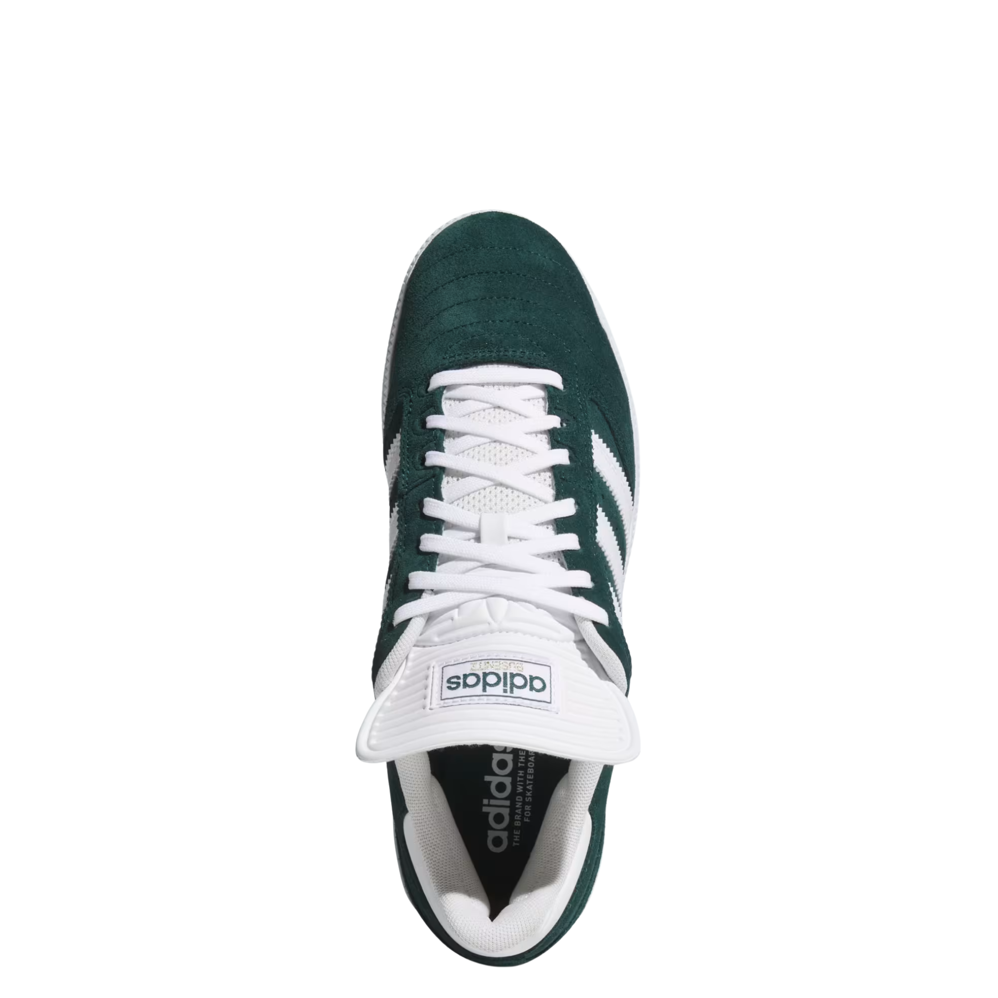 Green and white adidas busentiz skateboard sneaker with three white stripes on a light gray background