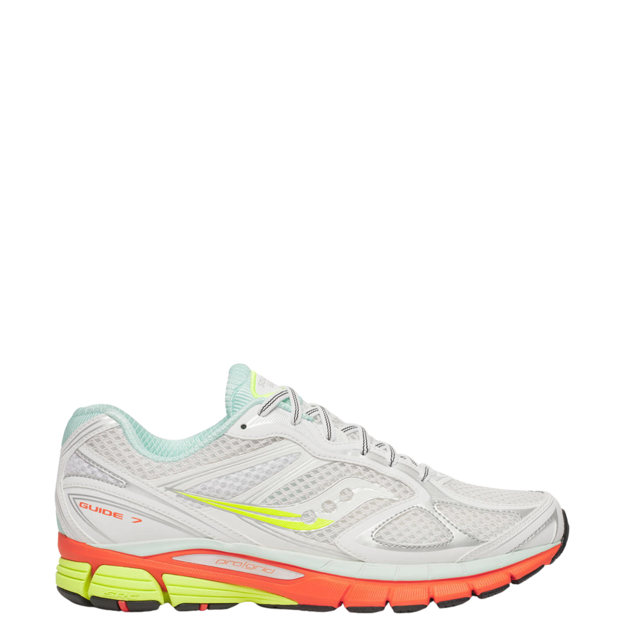 White  saucony progrid guide 7 running shoe with colorful sole on a white background