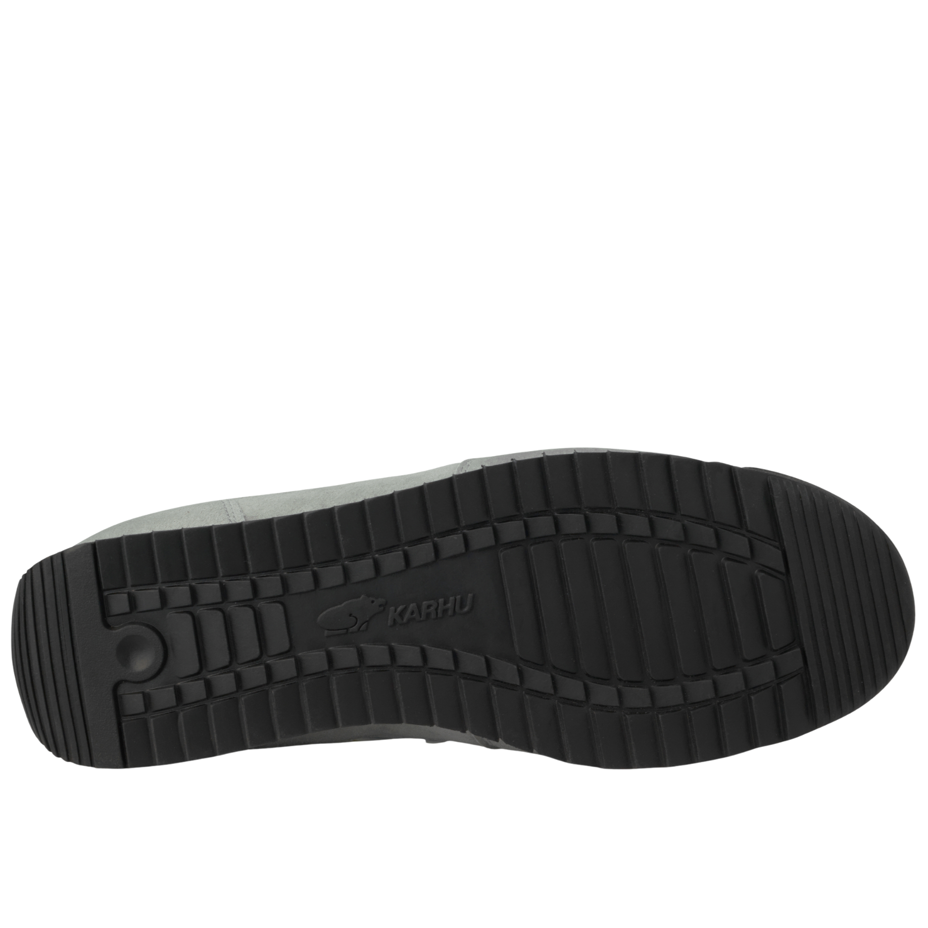 grey and blue karhu mestari Sneaker with a yellow 'M' logo on a white background