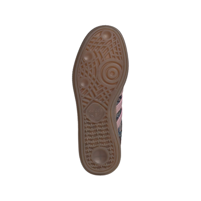 brown liberty london adidas handball spezial with brown suede and floral embroidered pattern, pink stripes and a gum sole on a white background