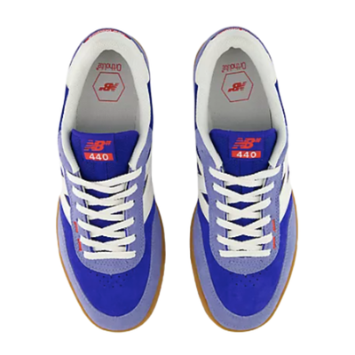 team blue new balance numeric 440v2 with red accents and gum sole