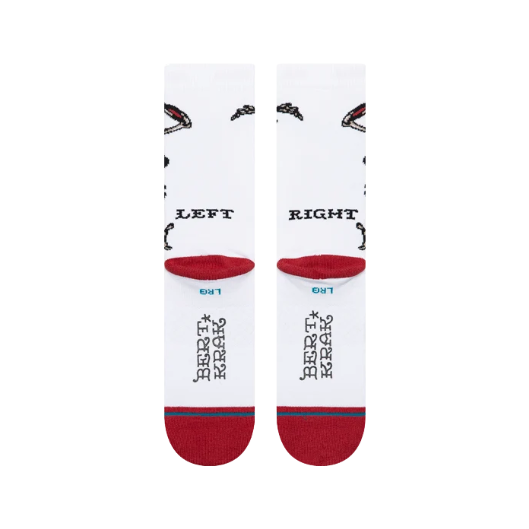 white stance x bert krak crew socks wth a skeleton and skulls and a red toe and heel on a white backgroun