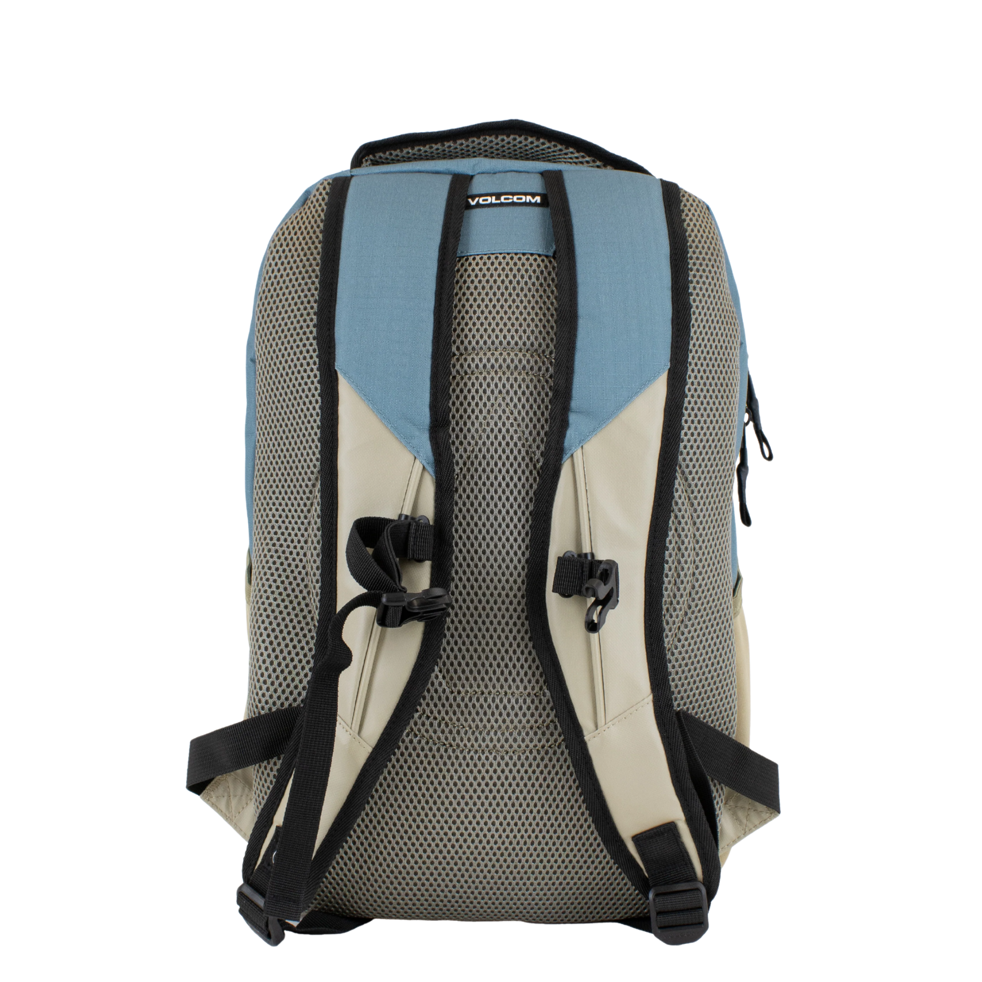 A Volcom grindstone skateboard backpack in slate blue and tan with black straps and zippers, shown against a plain white background.