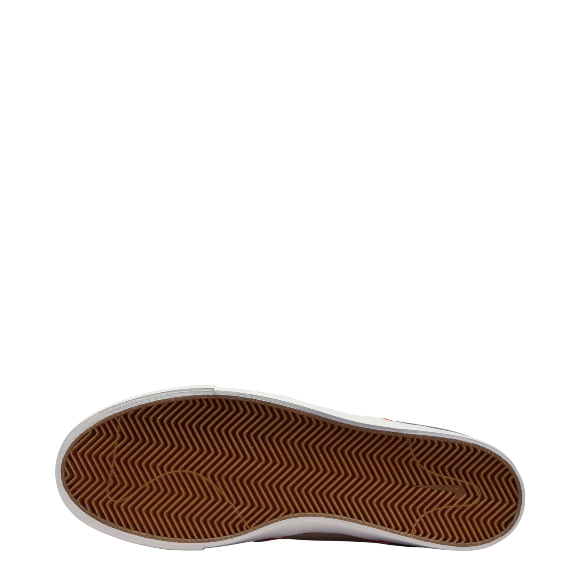 Brown sole of a shoe with a white border on a white background