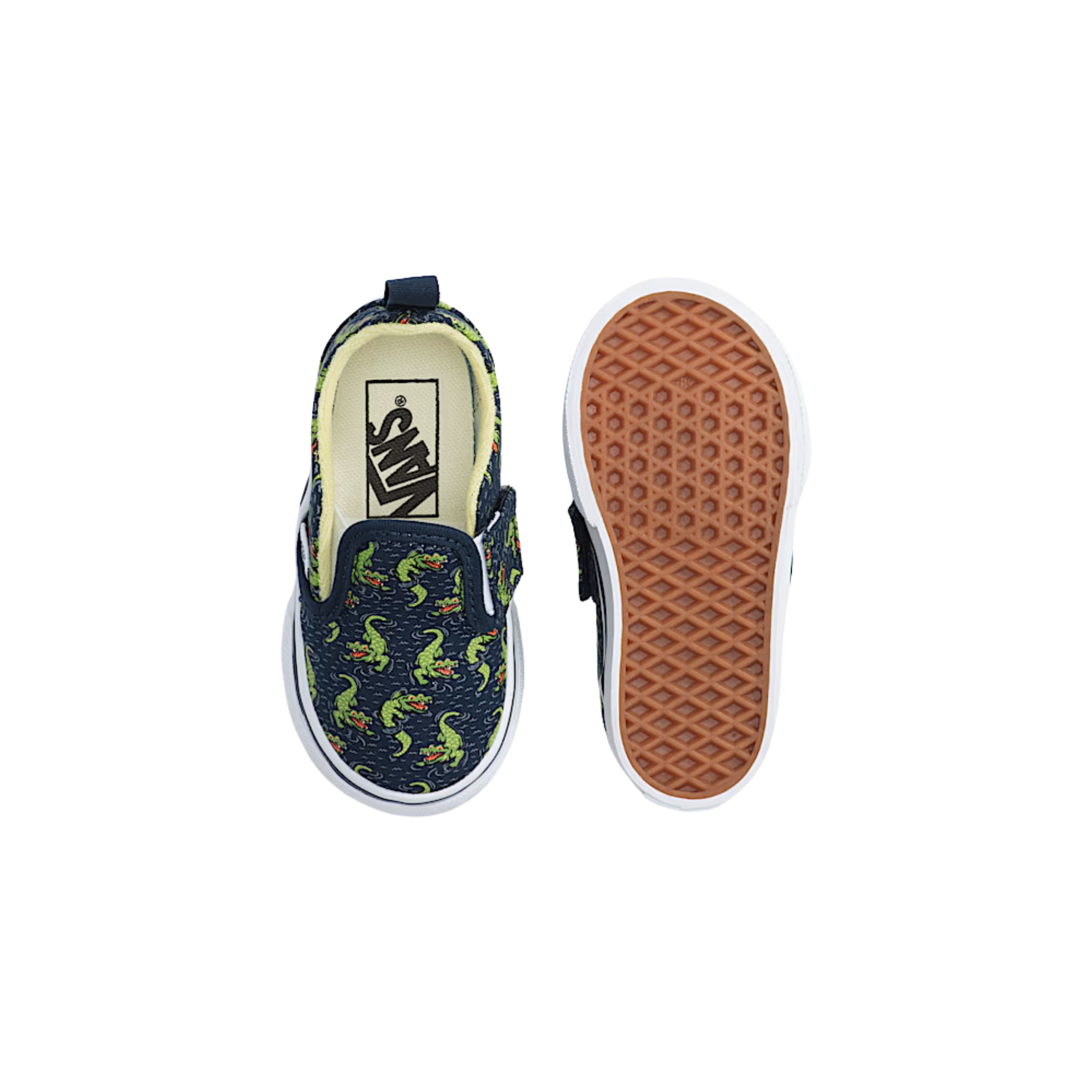 navy vans toddler slip-on with glow-in-the-dark crocodile pattern on a white background