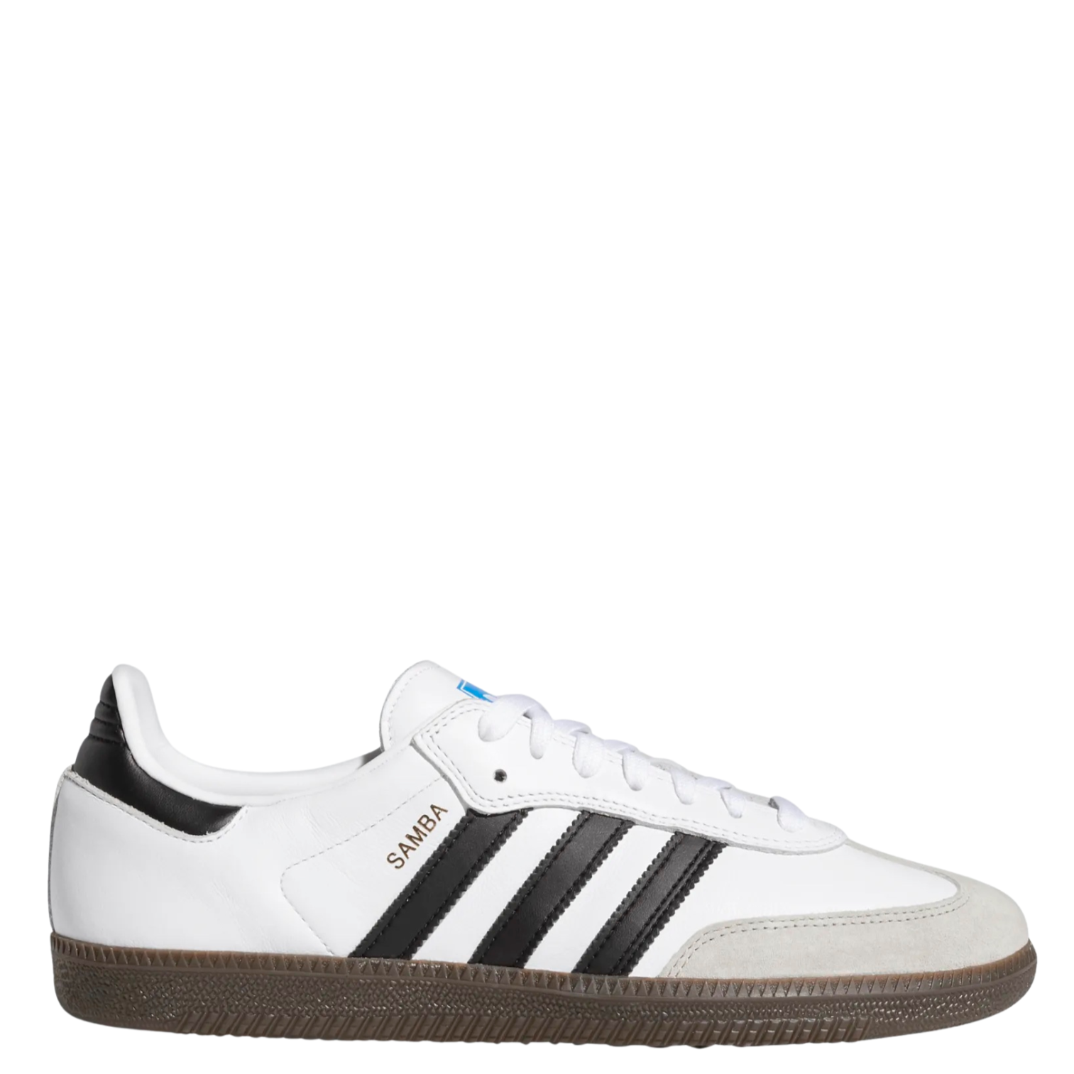 White Adidas samba skateboarding adv sneaker with black stripes and gum sole on a white background