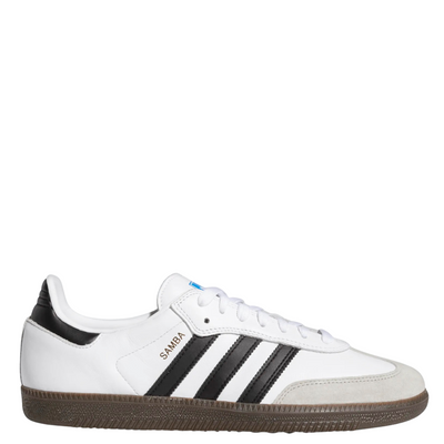 White Adidas samba skateboarding adv sneaker with black stripes and gum sole on a white background