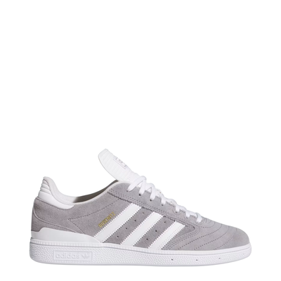 Gray Adidas busenitz skateboard sneaker with white stripes on a white background