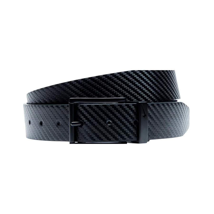 Black and grey carbon fiber pattern nike belt with a black buckle on a white background