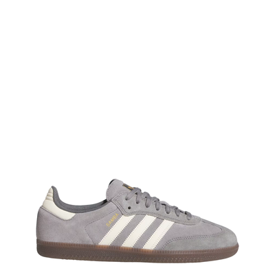 Gray Adidas samba adv skateboard sneaker with white stripes on a white background