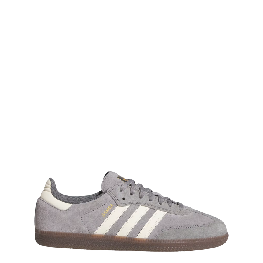 Gray Adidas samba adv skateboard sneaker with white stripes on a white background