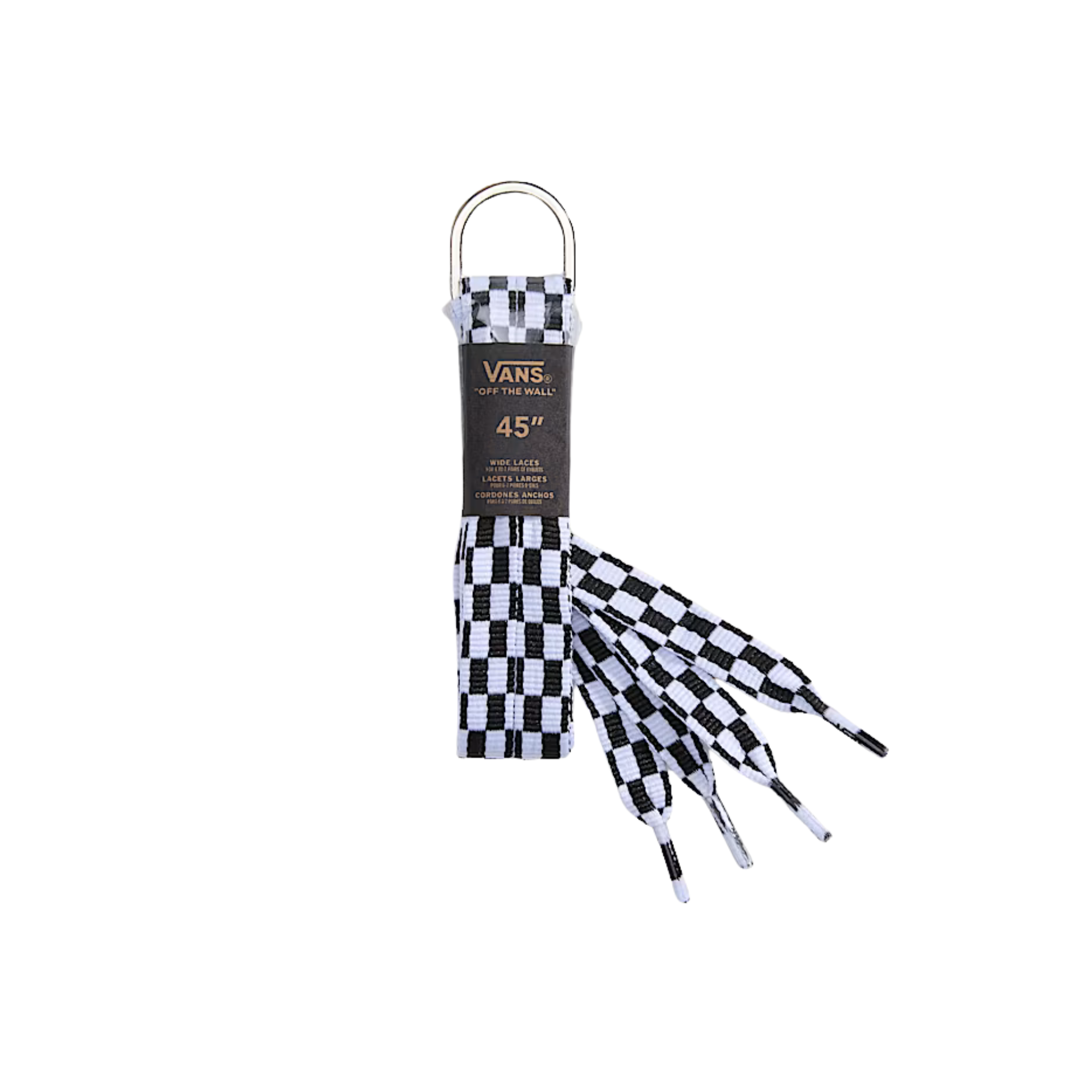 Black and white checkered shoelaces with a Vans branded lace bag on a white background