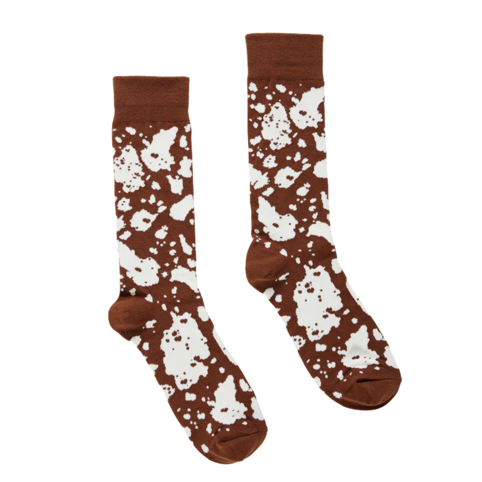 Brown bonfolk socks with white splatter pattern on a white background