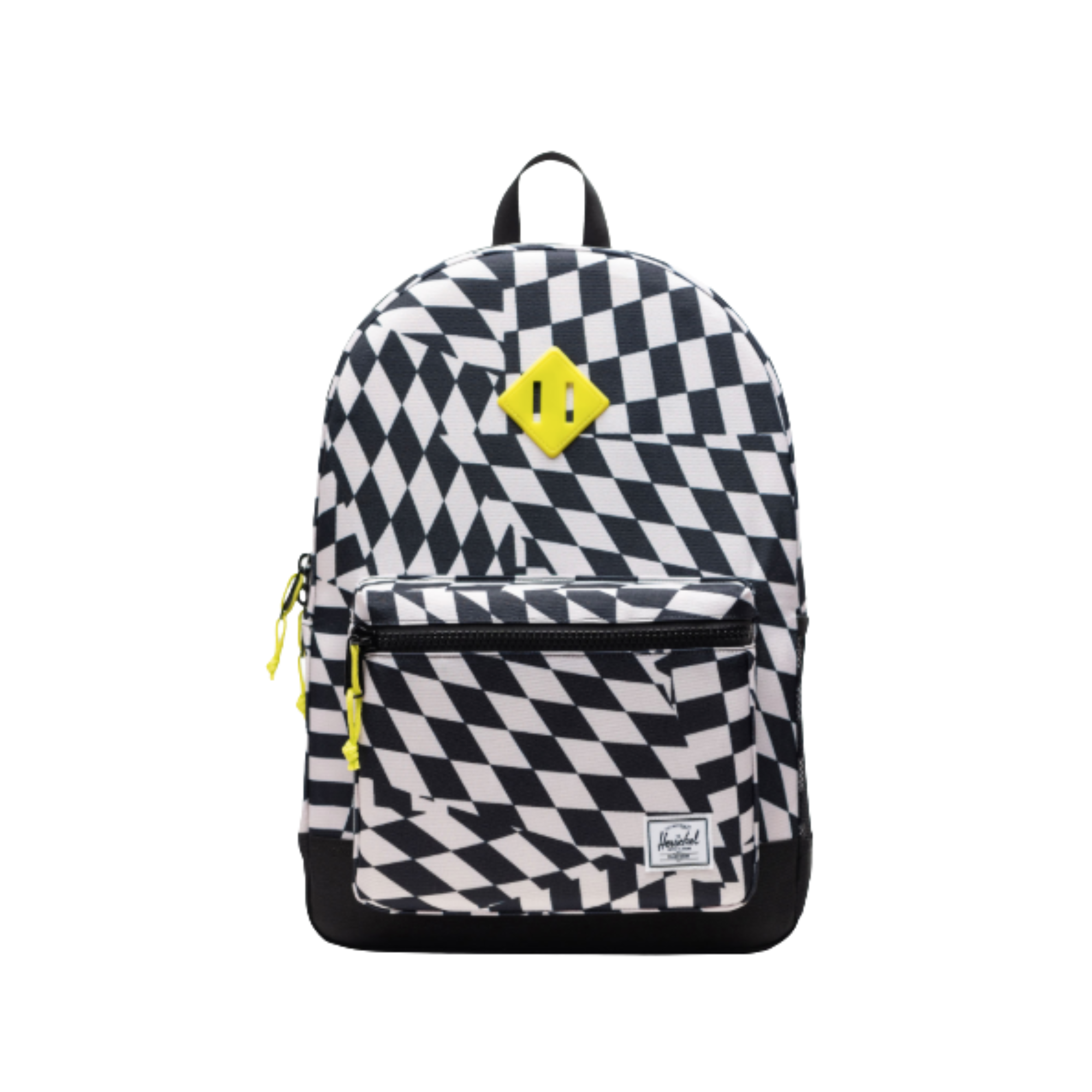 black and white checkered herschel youth backpack with yellow detail on a white background
