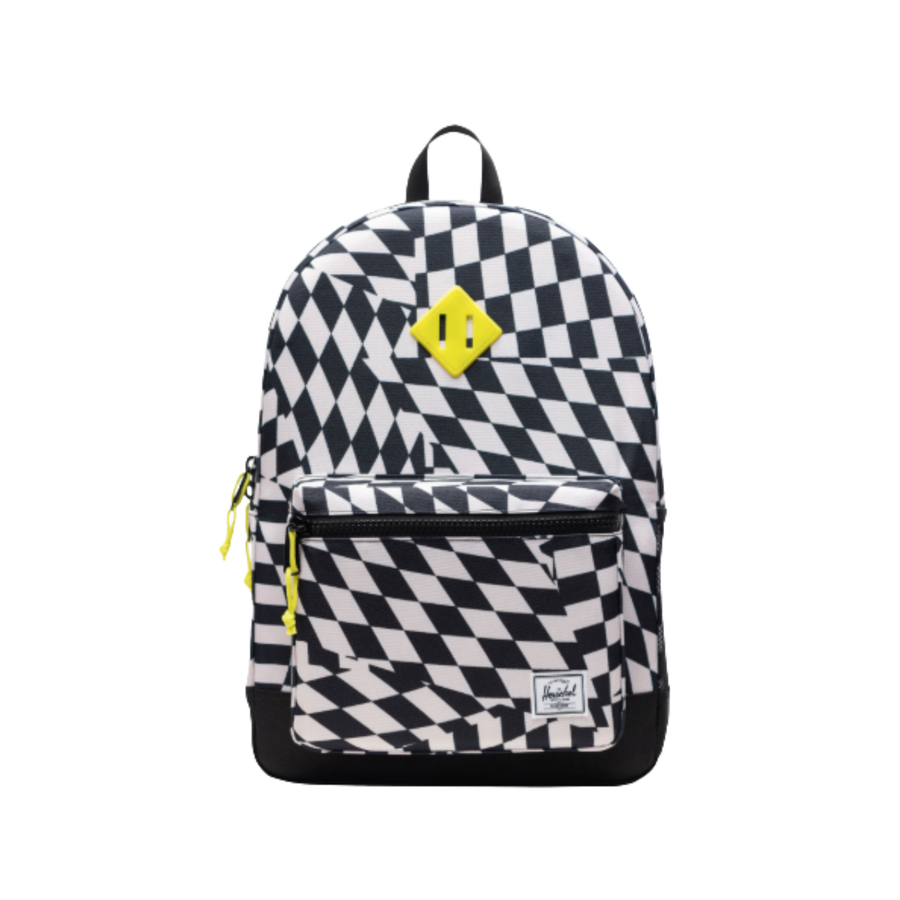 black and white checkered herschel youth backpack with yellow detail on a white background
