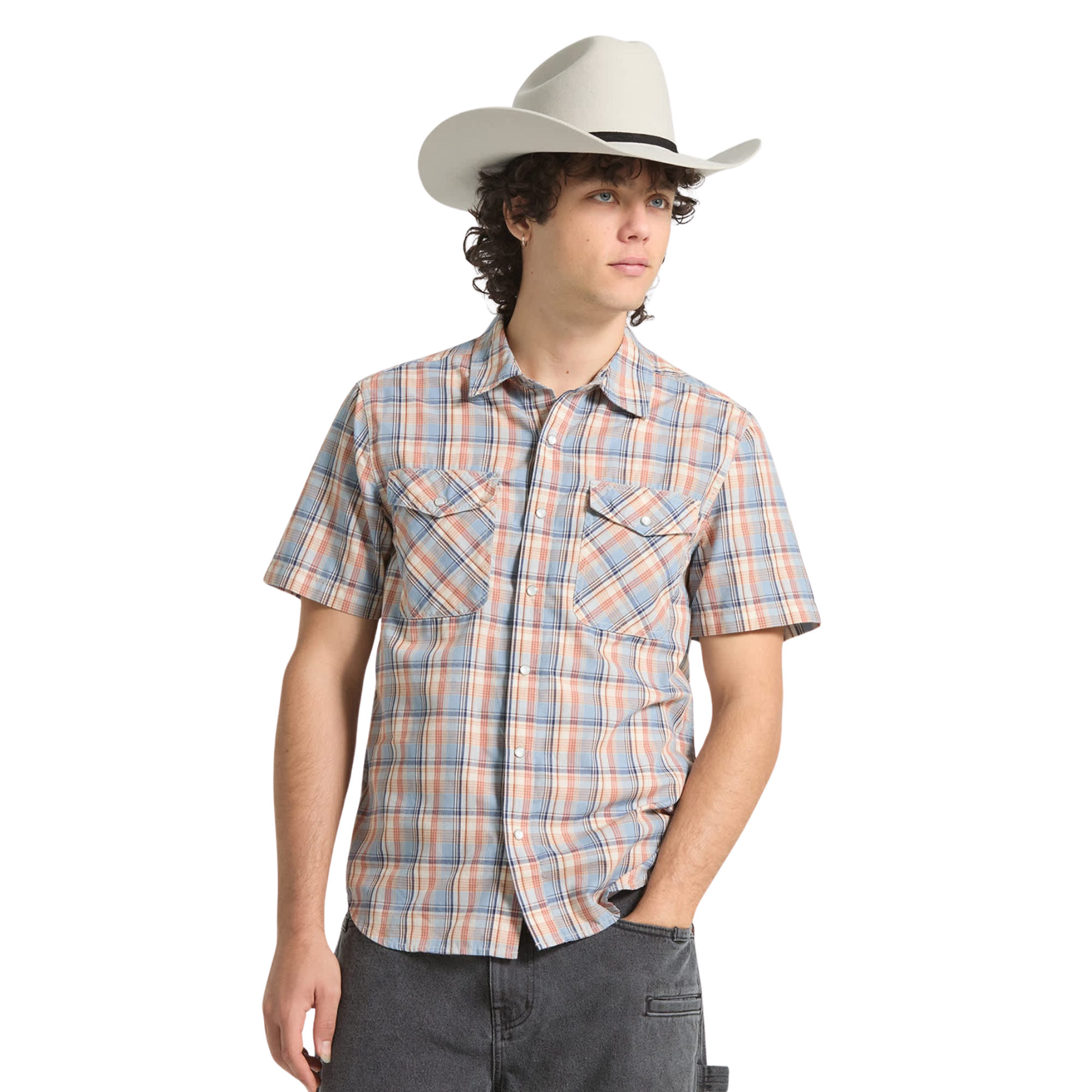 Person wearing a plaid brixton breezy wayne short sleeve shirt and cowboy hat on a white background