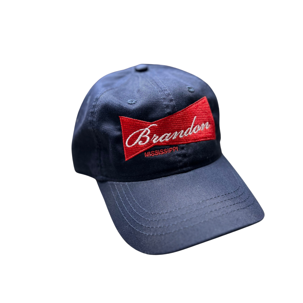 navy blue embroidered hat with brand mississippi on a red budweiser style logo
