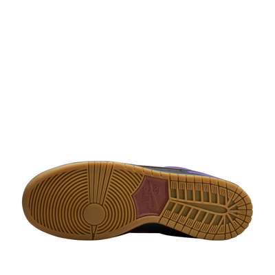 Purple nike sb dunk low sneaker with dark red and black accents on a white background