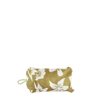 packable olive colored thread packable tote bag with white flower design on a white background