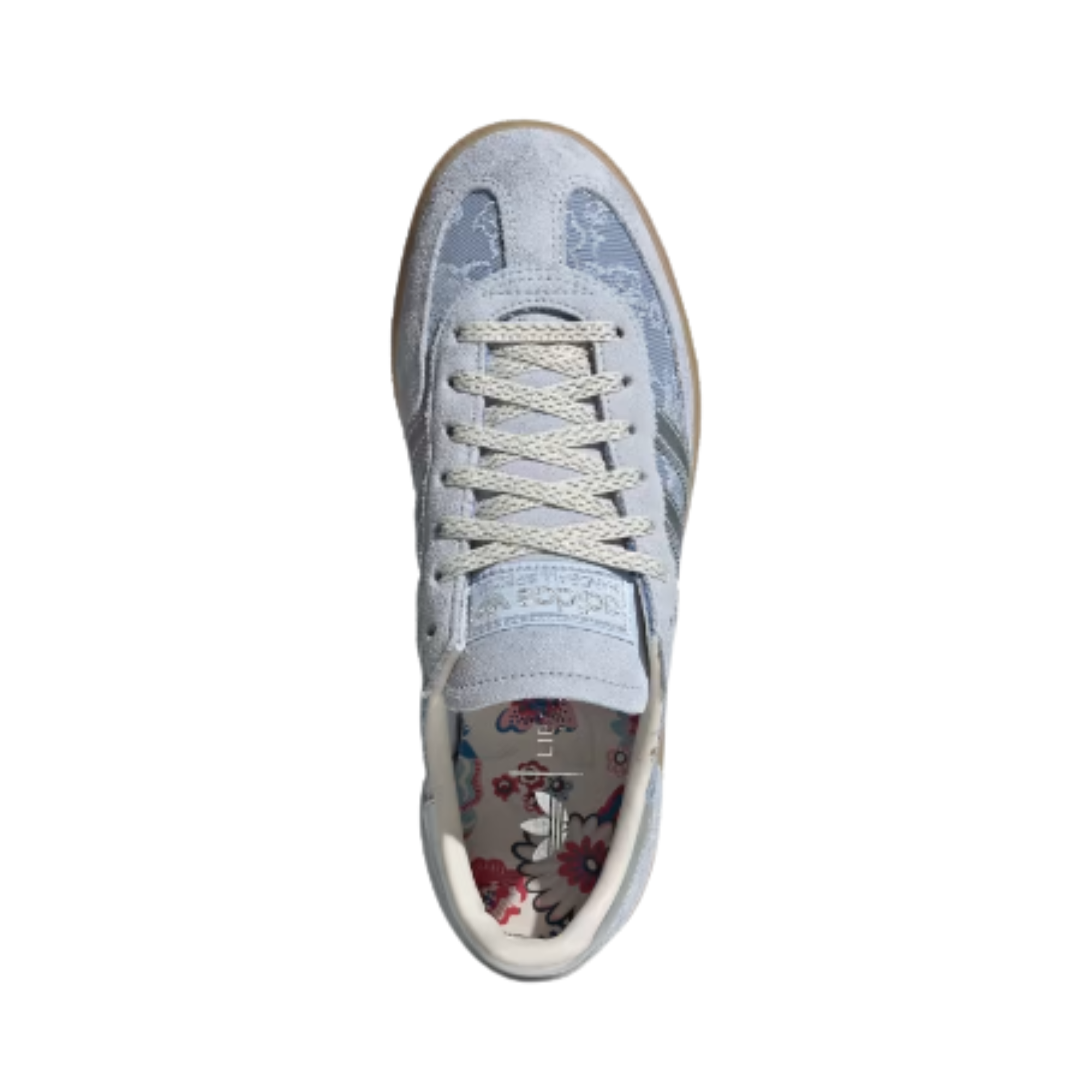 blue liberty london handball espezial Sneaker with lace pattern and Adidas logo on a white background