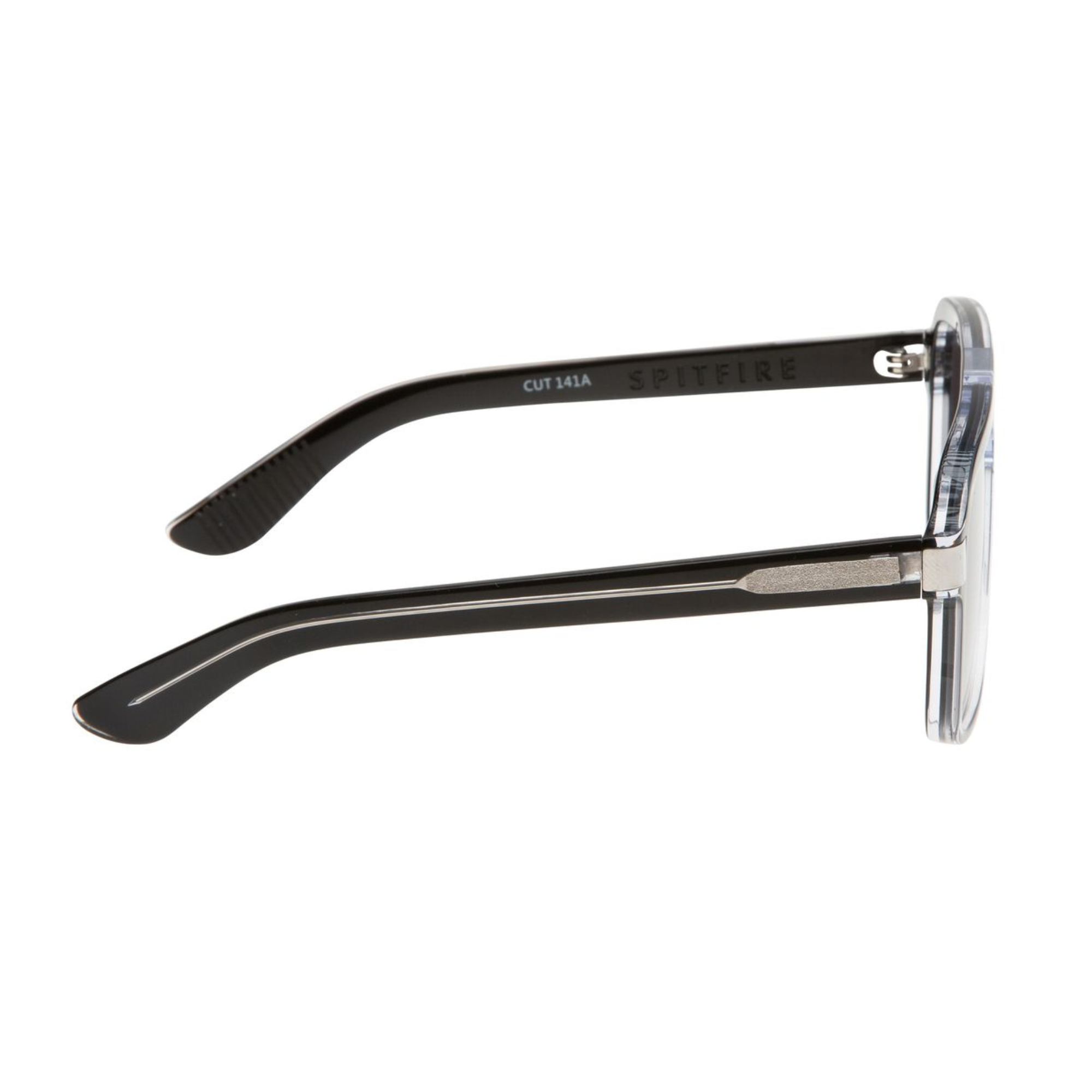 Spitfire cut 144 Sunglasses with black lenses and clear frame on a white background