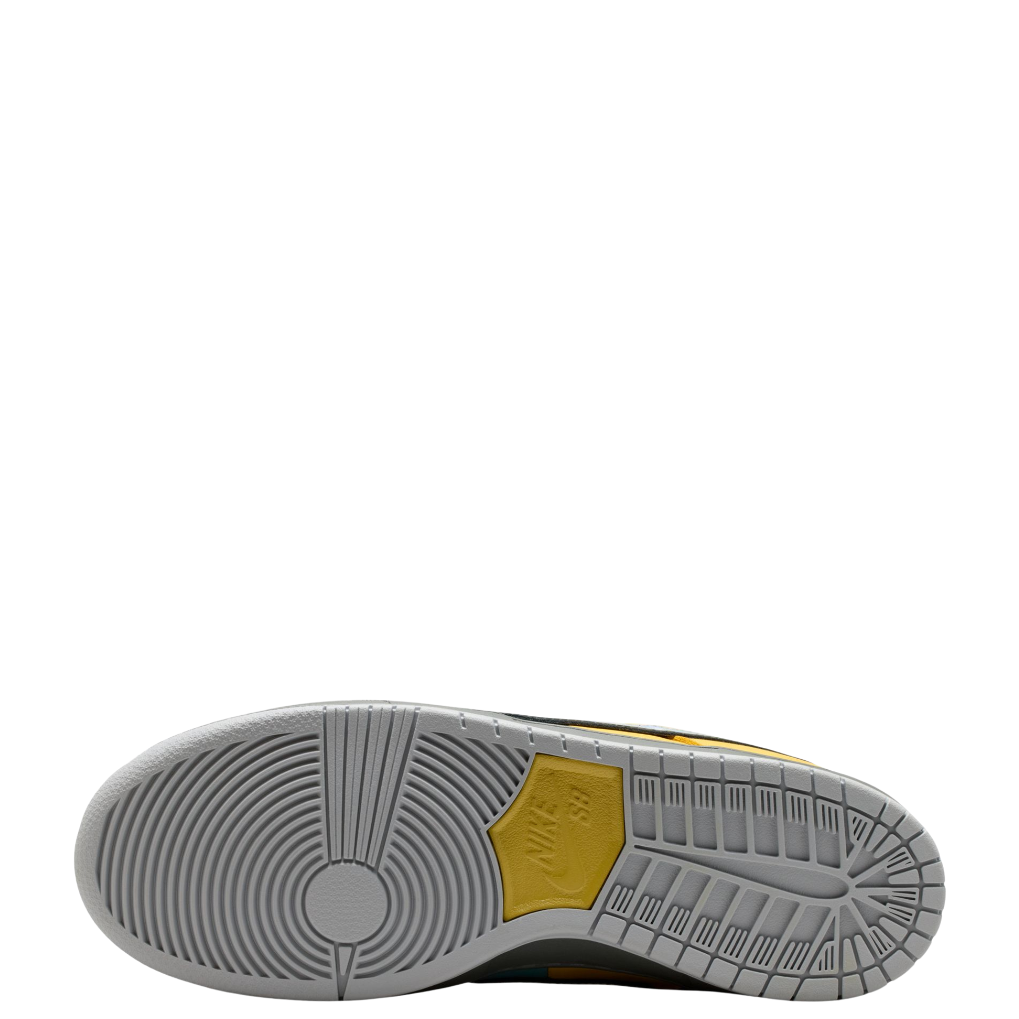 Close-up of a shoe sole Yellow and teal NIKE SB MUNI FAST PASS sneaker with a visible Nike logo on a white background