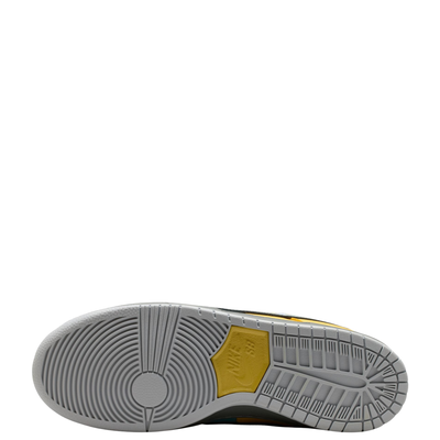 Close-up of a shoe sole Yellow and teal NIKE SB MUNI FAST PASS sneaker with a visible Nike logo on a white background