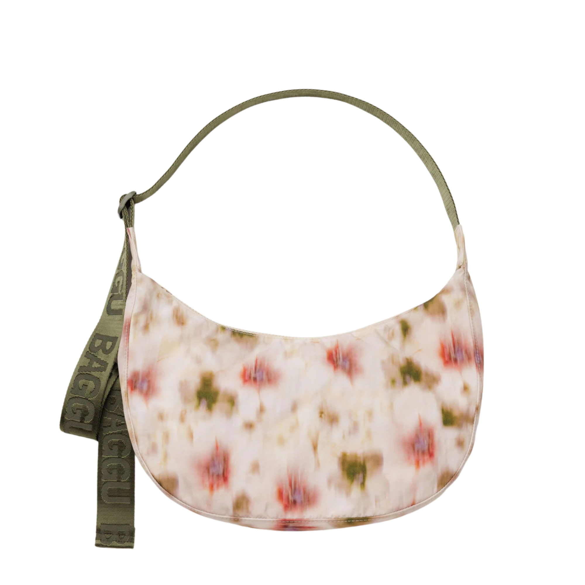 Floral patterned baggu medium nylon crescent handbag with a green strap on a white background