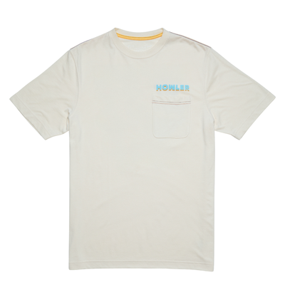 An off-white short-sleeve t-shirt with a chest pocket and 'HOWLER' printed in light blue on the left chest, displayed flat against a white background.