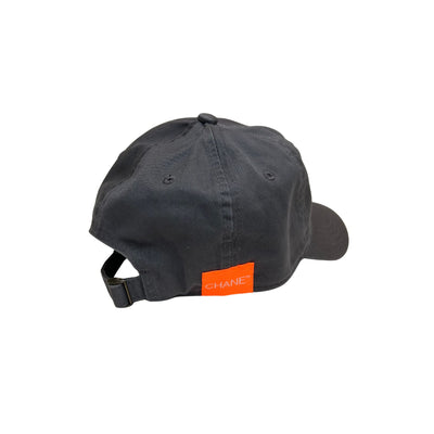 grey cap with an orange logo on a white background
