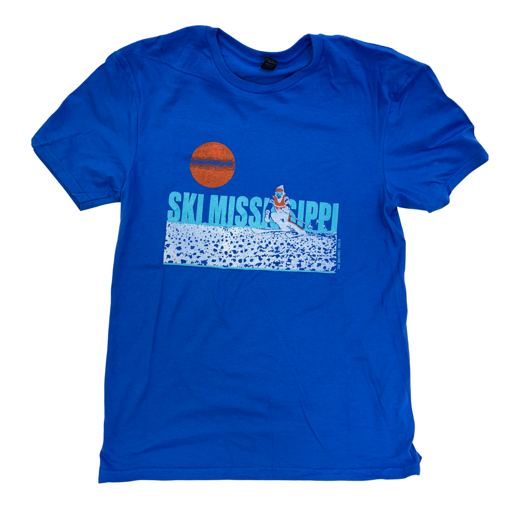 Blue ski mississippi t-shirt with graphic design on a white background