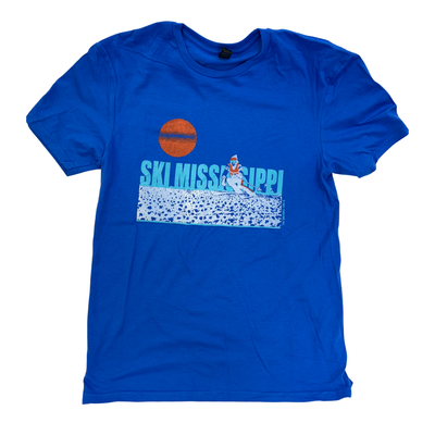 Blue ski mississippi t-shirt with graphic design on a white background