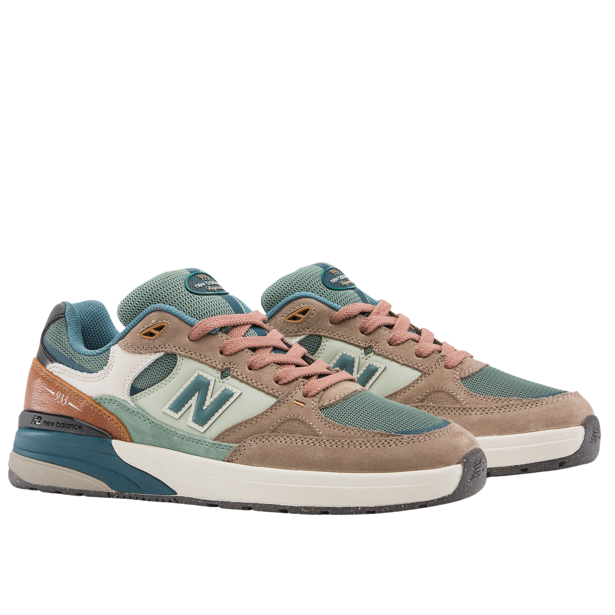Multicolor brown and green new balance numeric 933 sneaker with 'N' logo on a white background