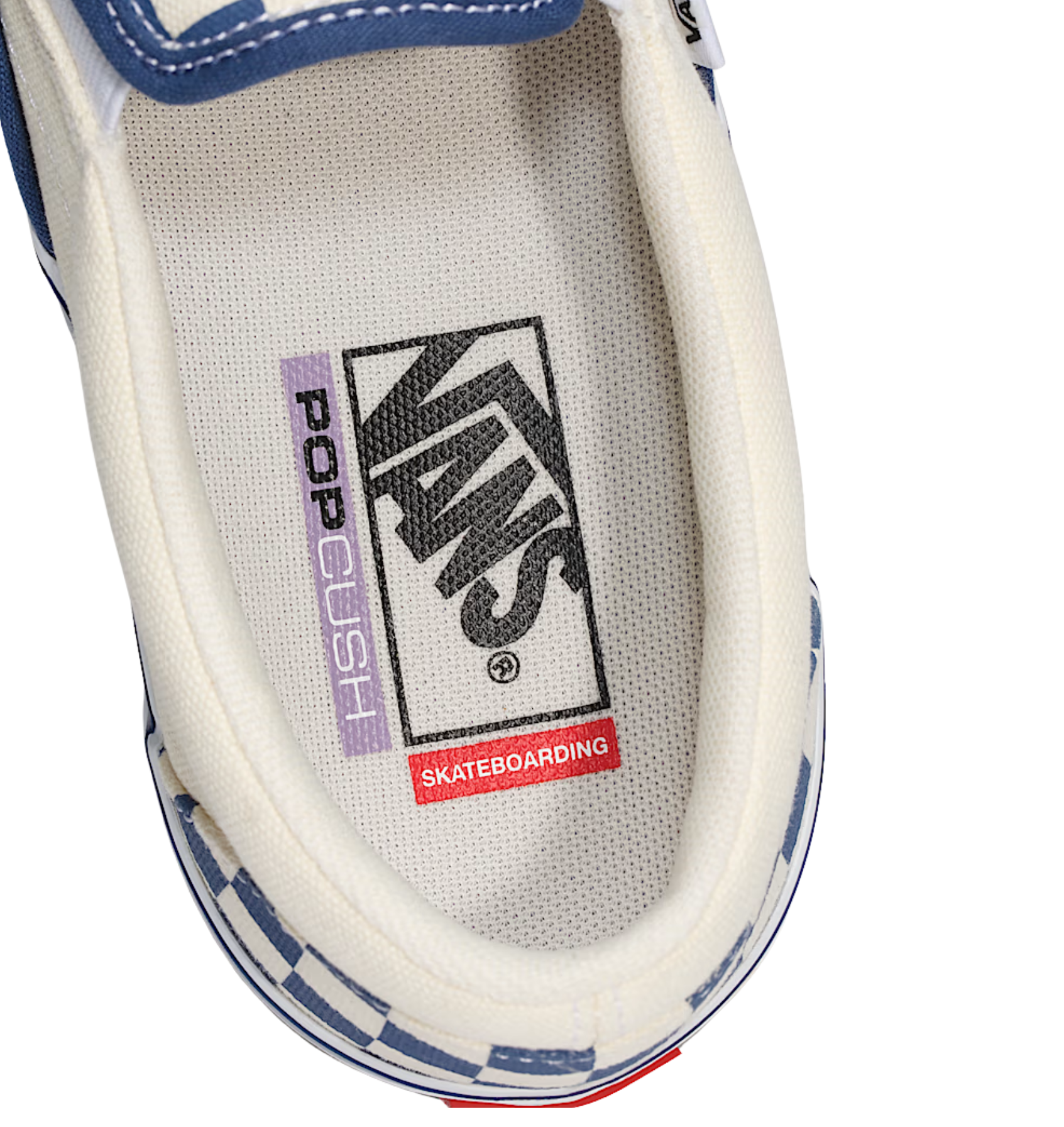 Close-up of a Vans Checkered skate slip-on shoe with blue and white pattern on a white background