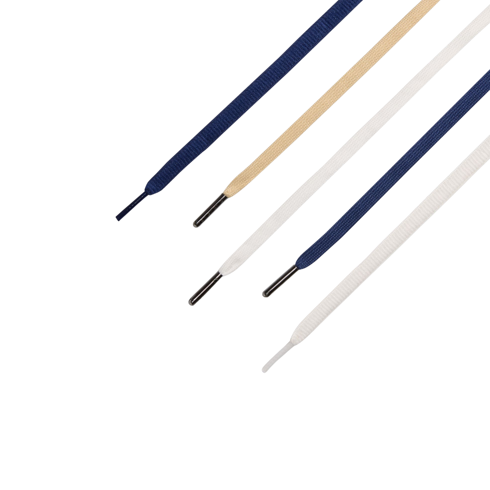 Four flat shoelaces in navy blue, beige, white, and light gray, arranged diagonally on a plain white background.