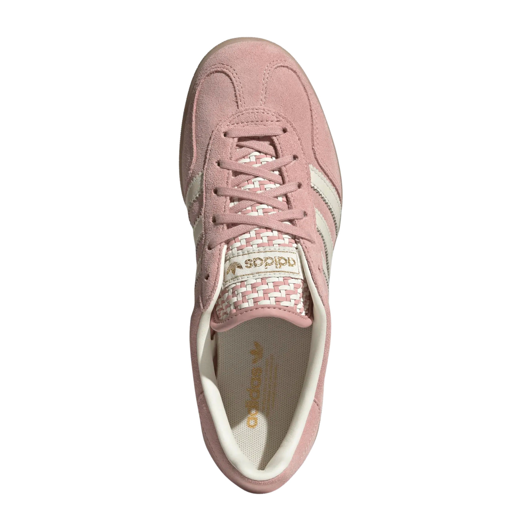 pink adidas women's gazelle indoor shoe with knit tongue and white stripes on a white background