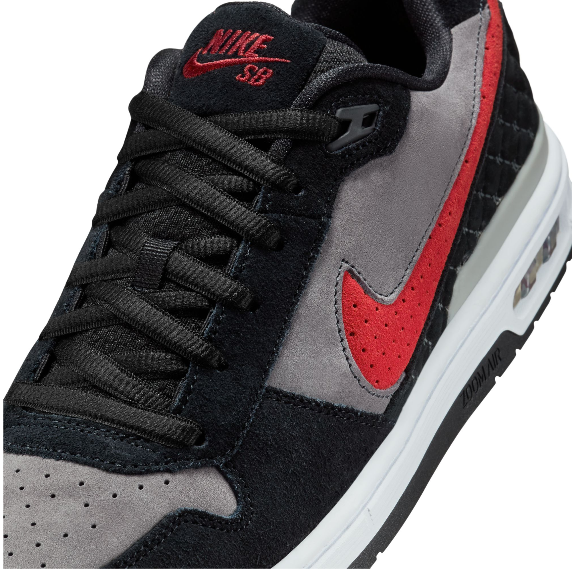 black and grey nike sb paul rodriguez with a red swoosh and white sole