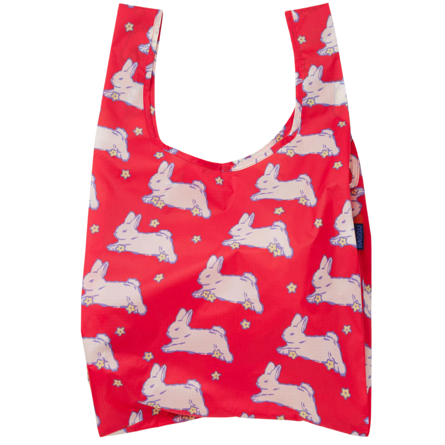 Red reusable standard baggu bag with rabbit pattern on a white background