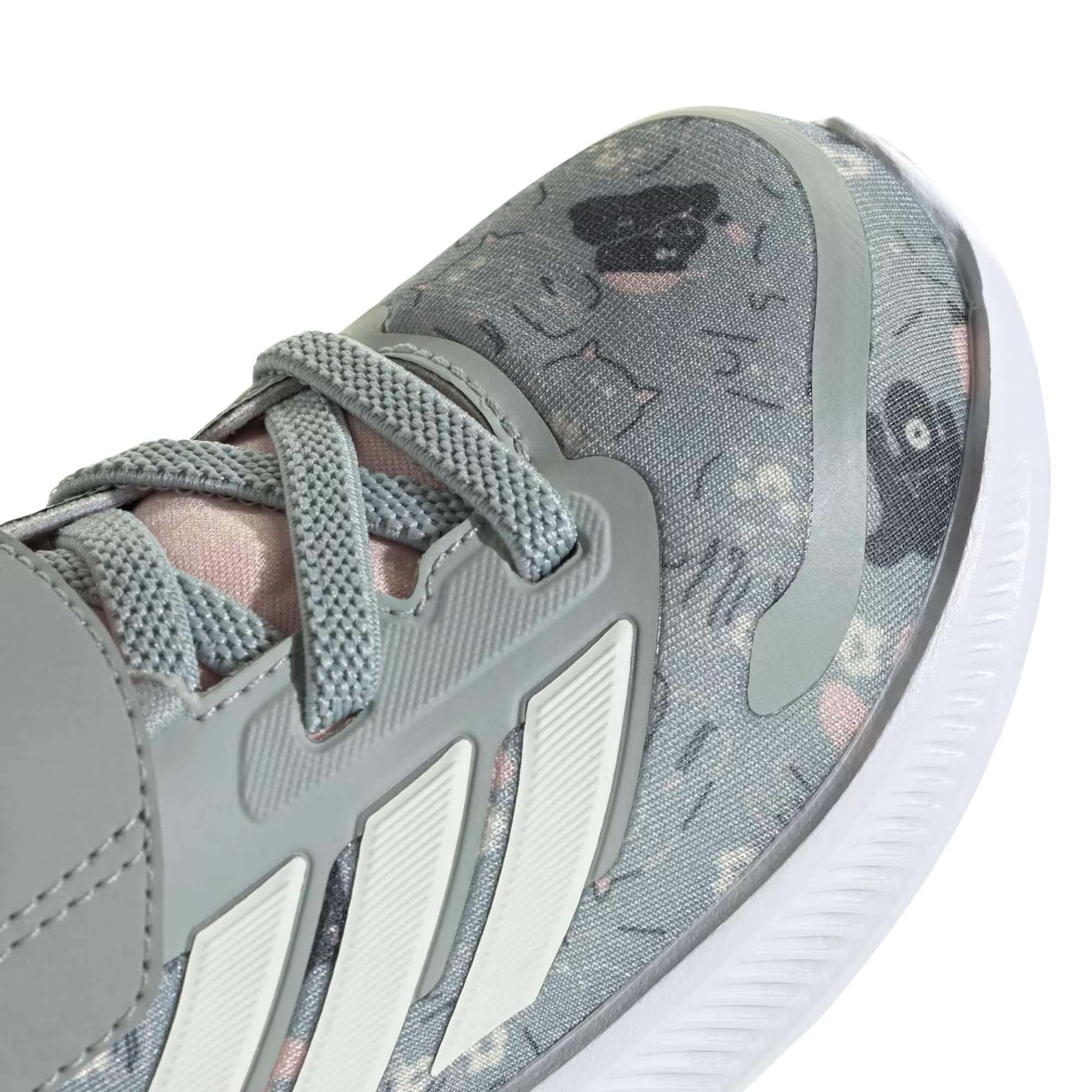 Green Adidas RUNFALCON 5 kids sneaker with floral pattern on a white background