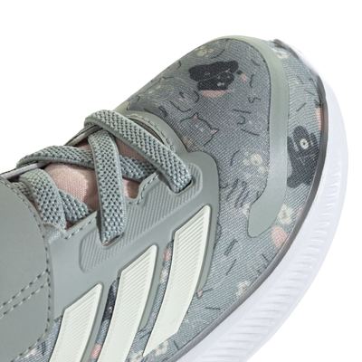 Green Adidas RUNFALCON 5 kids sneaker with floral pattern on a white background