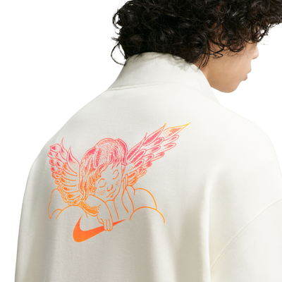 person wearing white half-zip NIKE SB FC PACKsweatshirts with logos and text on a white background