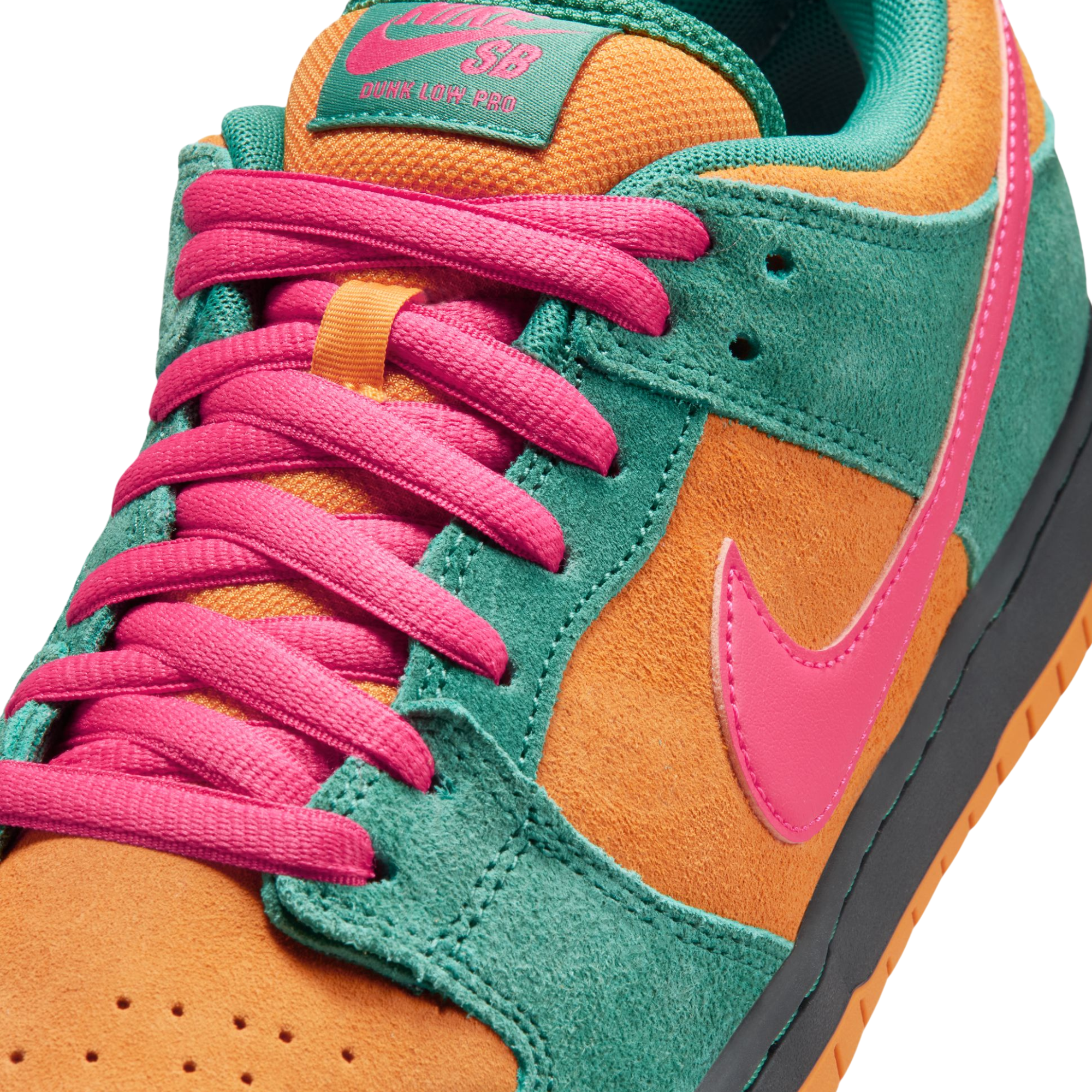 A low-top Nike sb dunk low watermelon sneaker in a vibrant multicolor palette, featuring teal green suede, orange suede overlays, a bright pink Swoosh and laces, and a black and orange sole, shown against a plain white background.