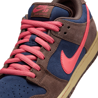 nike sb dunk low Sneaker with brown, blue, and pink color scheme on a white background