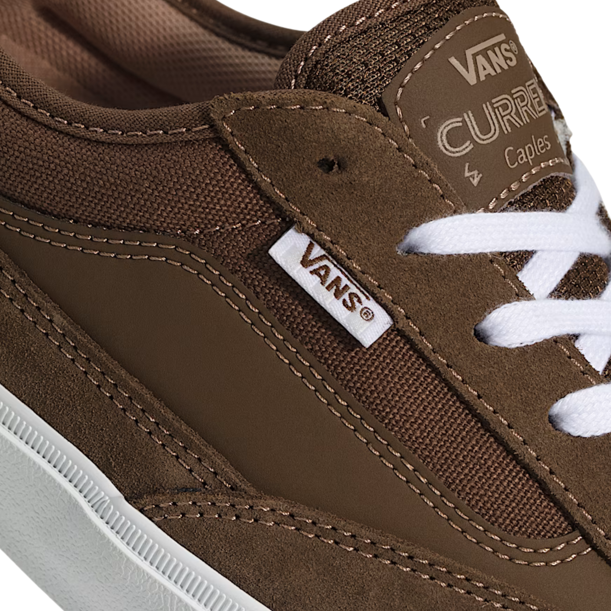 Brown curren caples vans skateboard sneaker with white sole on a white background
