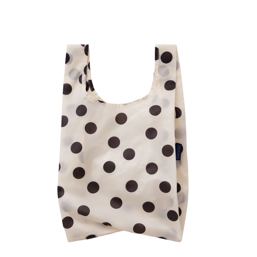 cream baby baggu reusable tote bag with black polka dots on a white background