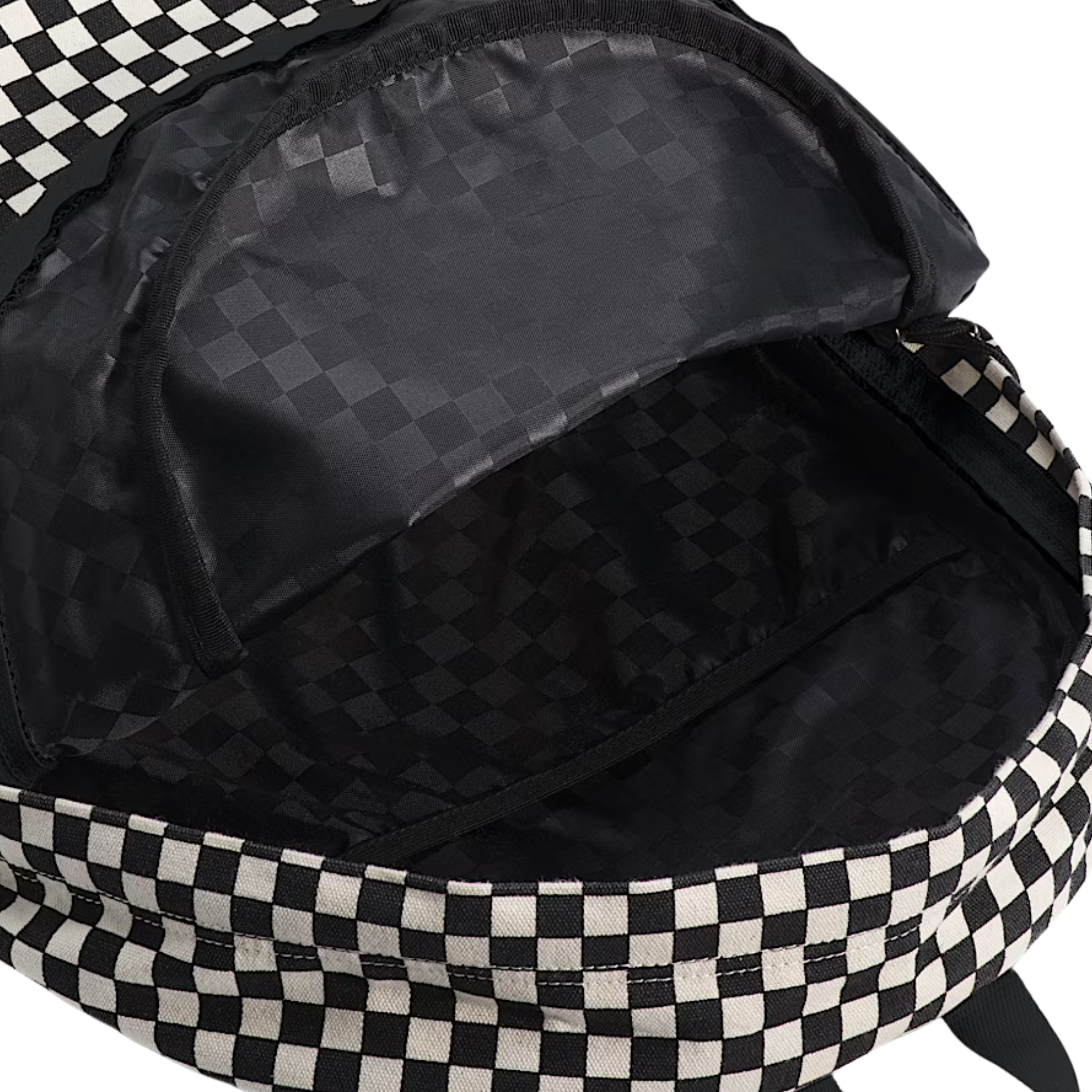 Black and white vans checkered new skool backpack on a white background