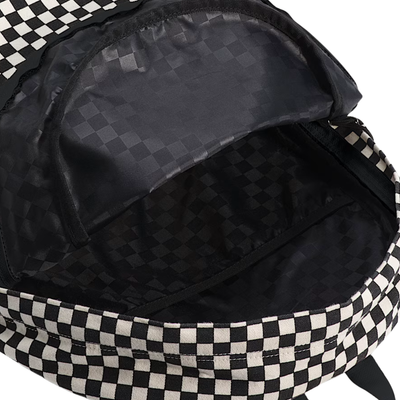 Black and white vans checkered new skool backpack on a white background