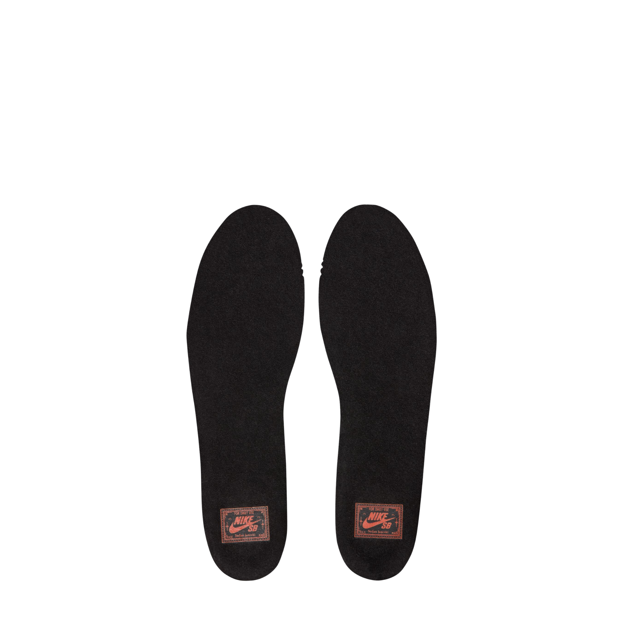 Pair of black shoe insoles with brand labels on a white background